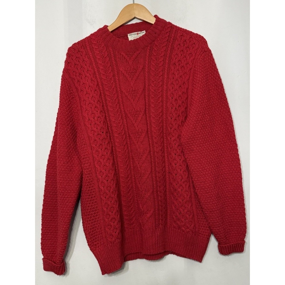 Vtg Lord Jeff Cable Knit Crewneck‎ Large Sweater Red British Worsted Wool USA